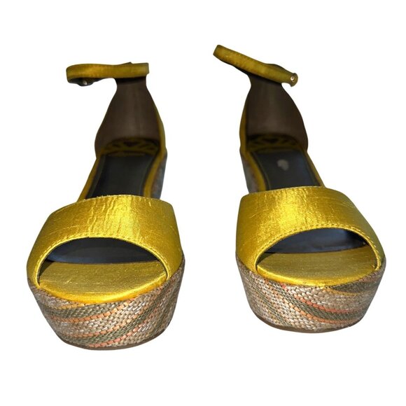 FERGALICIOUS Yellow Sandals Flutter Peep-Toe Espadrille Wedge Ankle Strap 7.5 - Picture 5 of 13